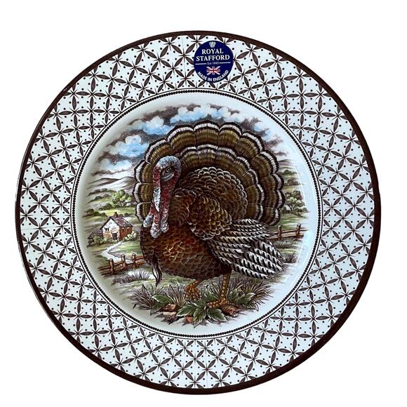 Royal Stafford THANKSGIVING TURKEY Brown "X"  Border Dinner Plate Set of 2 New - Picture 1 of 10